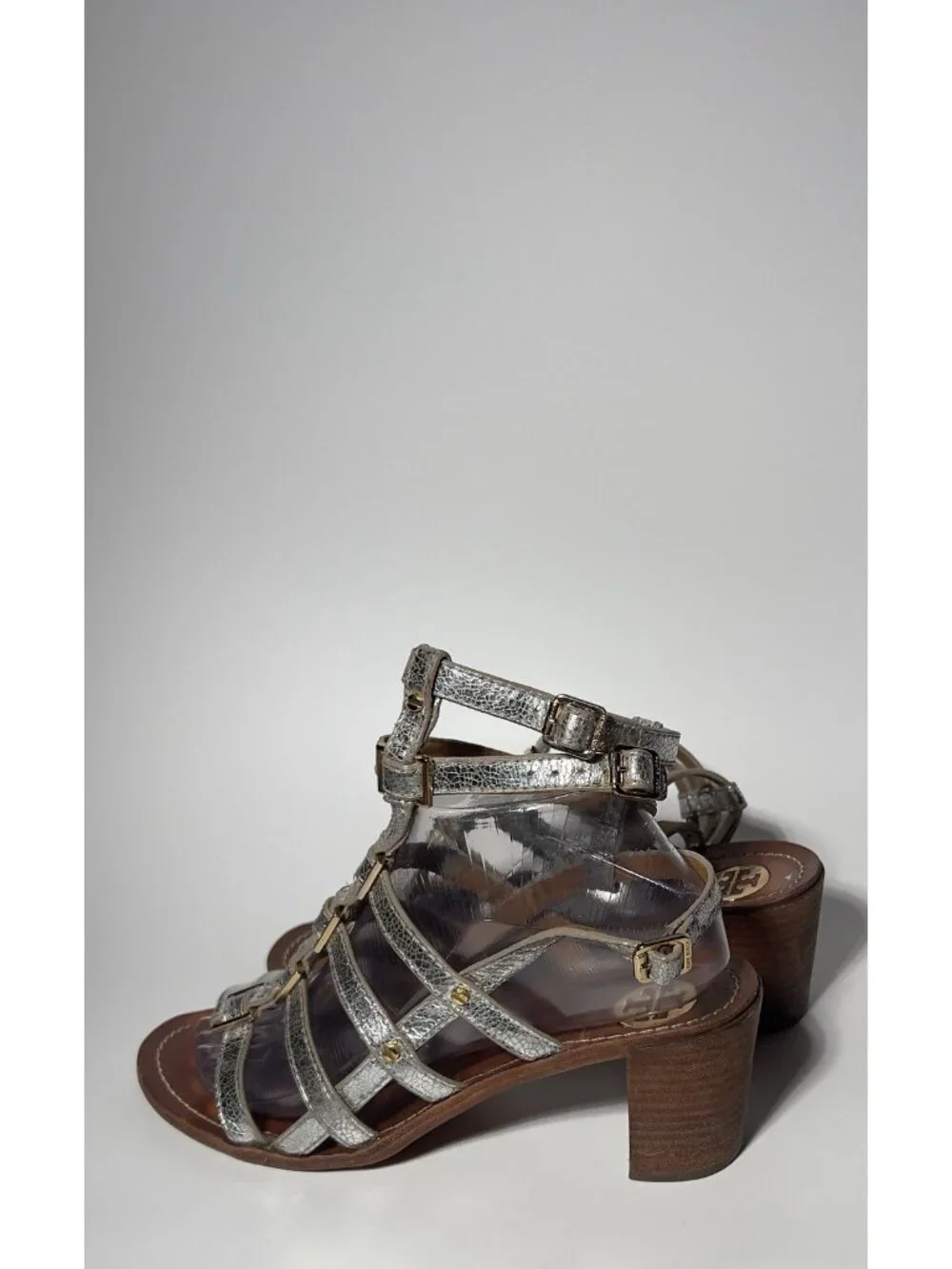Tory Burch Reggie Silver Metallic Leather Gladiator Sandals Size 8M